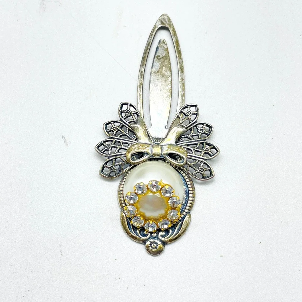 Angel Bookmark Silver Tone Faux Pearl Rhinestone Metal Book Marker Gift Reader